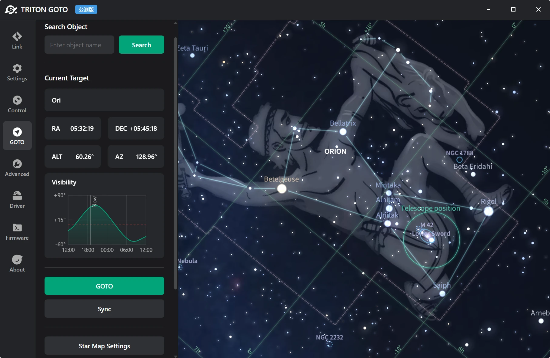 TRITON GOTO Windows desktop star map interface