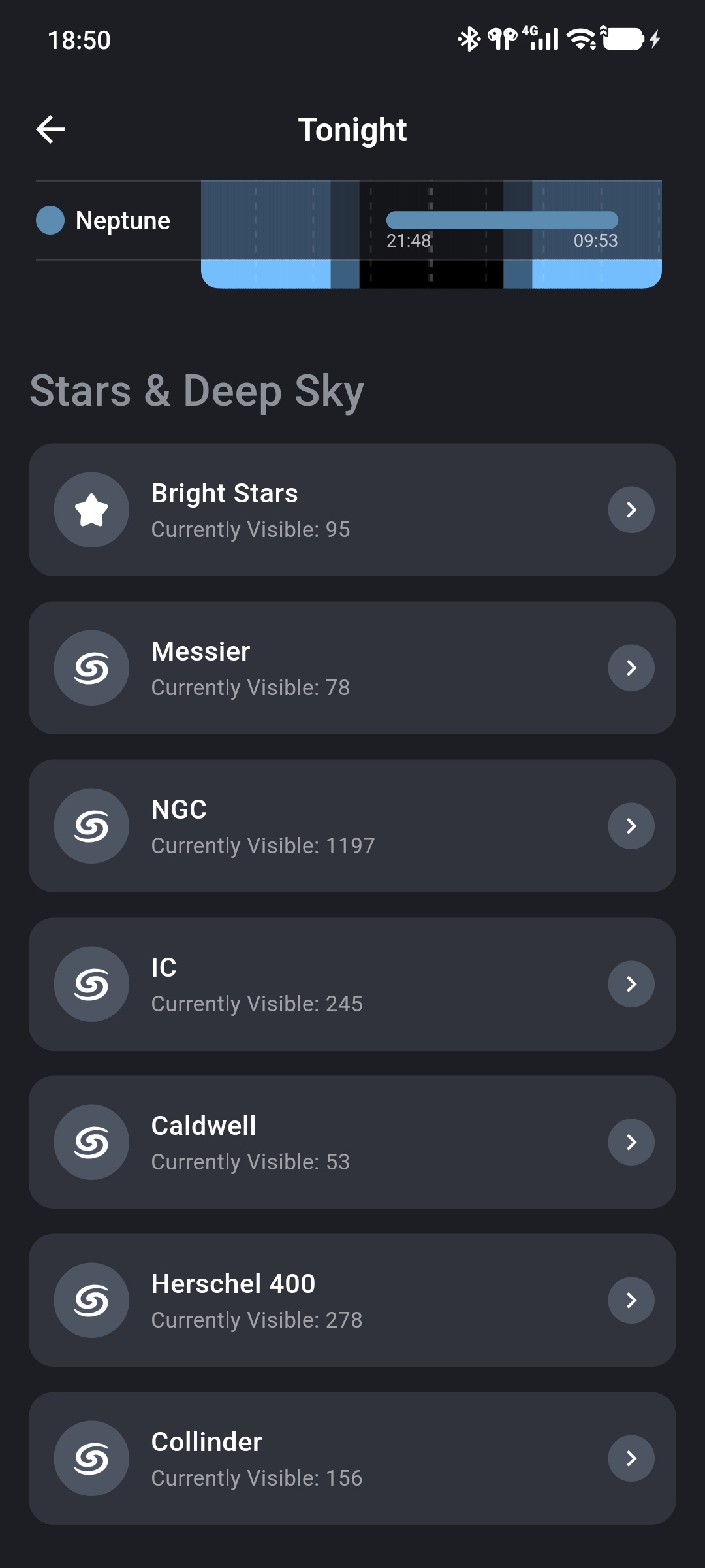 Star and deep-sky catalog entries on Tonight