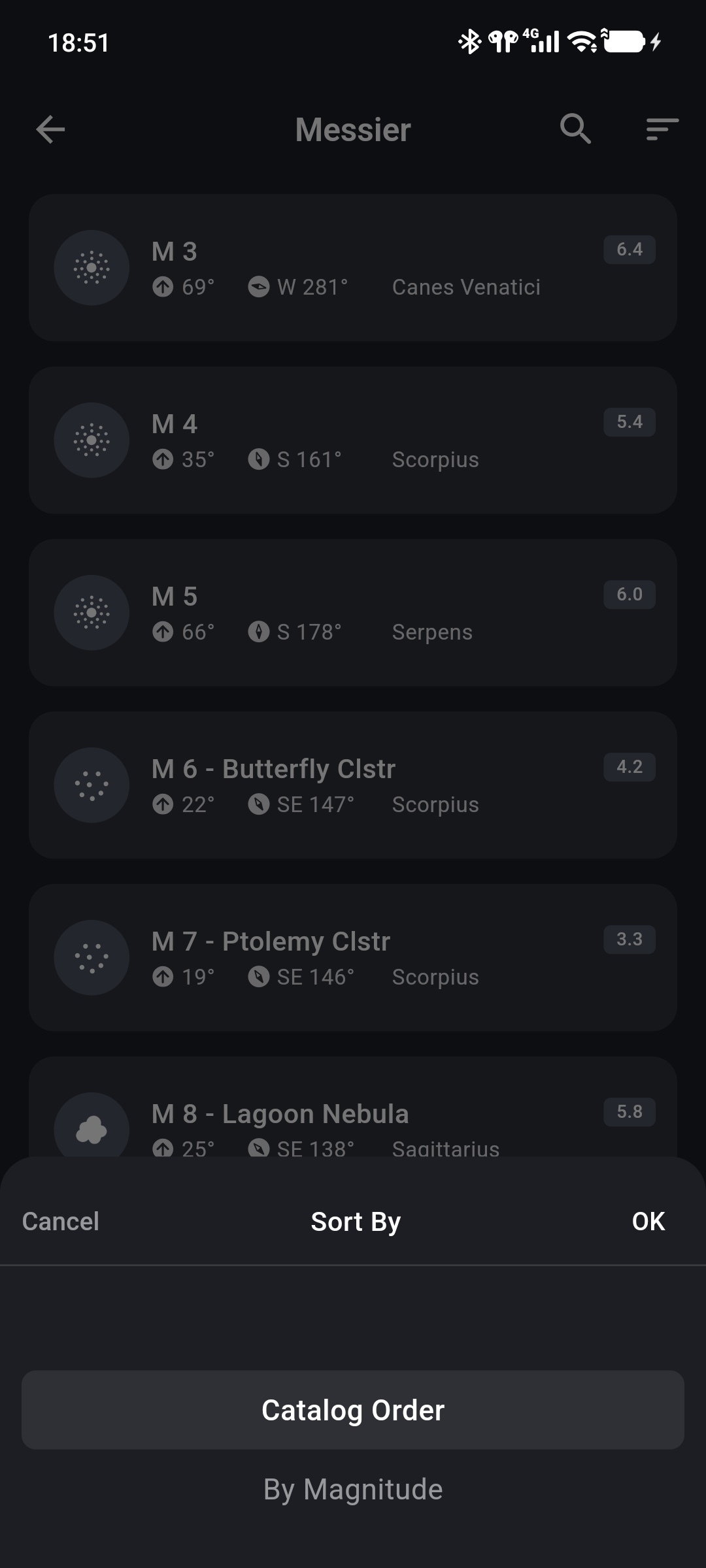 Catalog Order, By Magnitude, and By Altitude options
