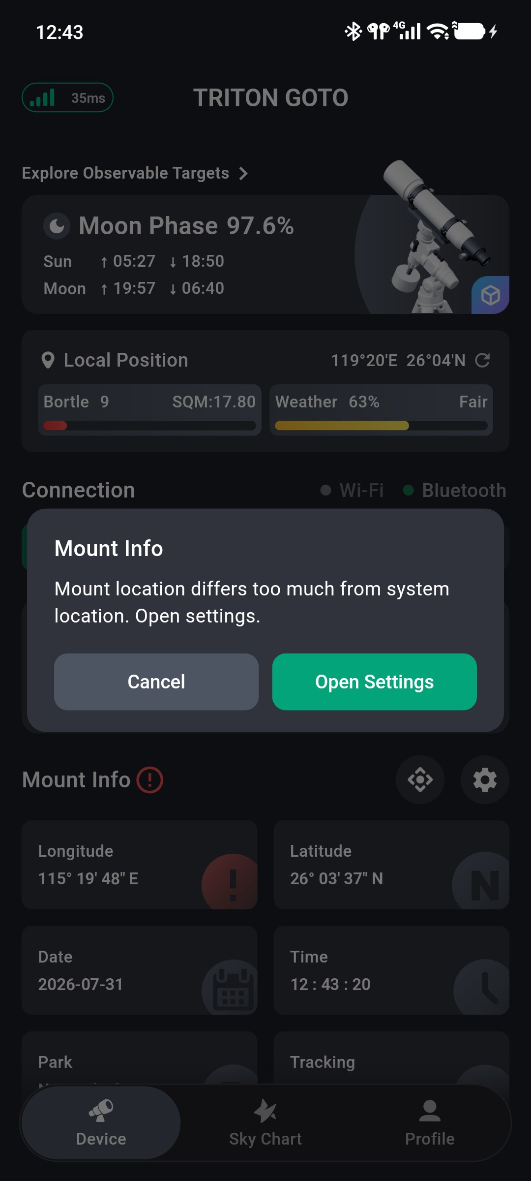 Location discrepancy message with the Open Settings action
