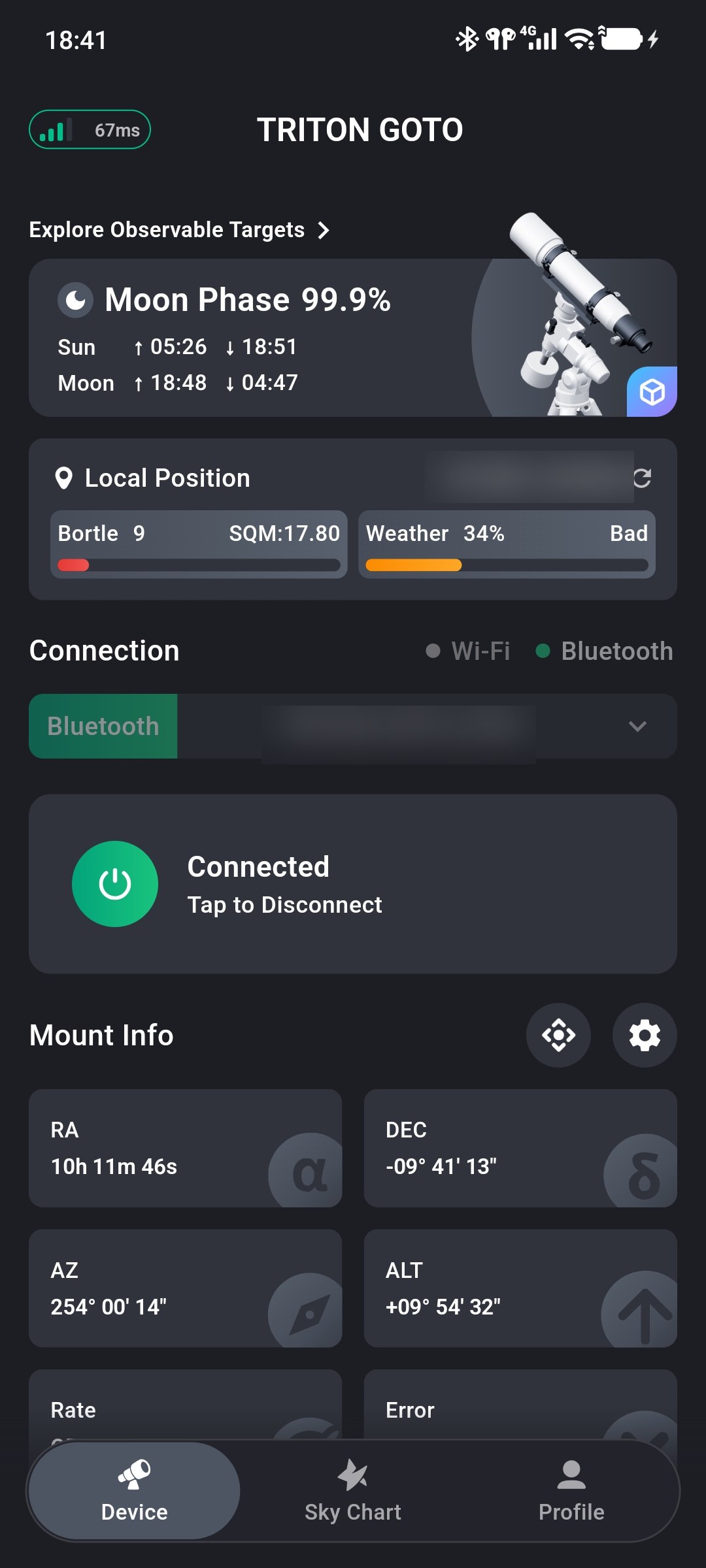 Mount Info page 2 showing RA, DEC, AZ, ALT, rate, and errors