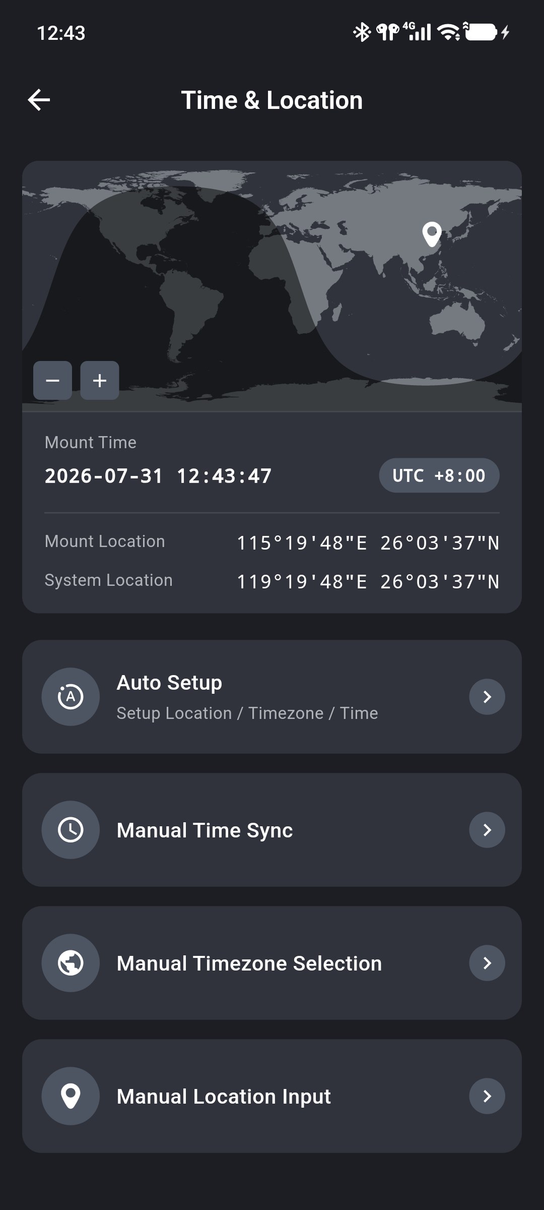 Auto Setup entry on the Time and Location screen