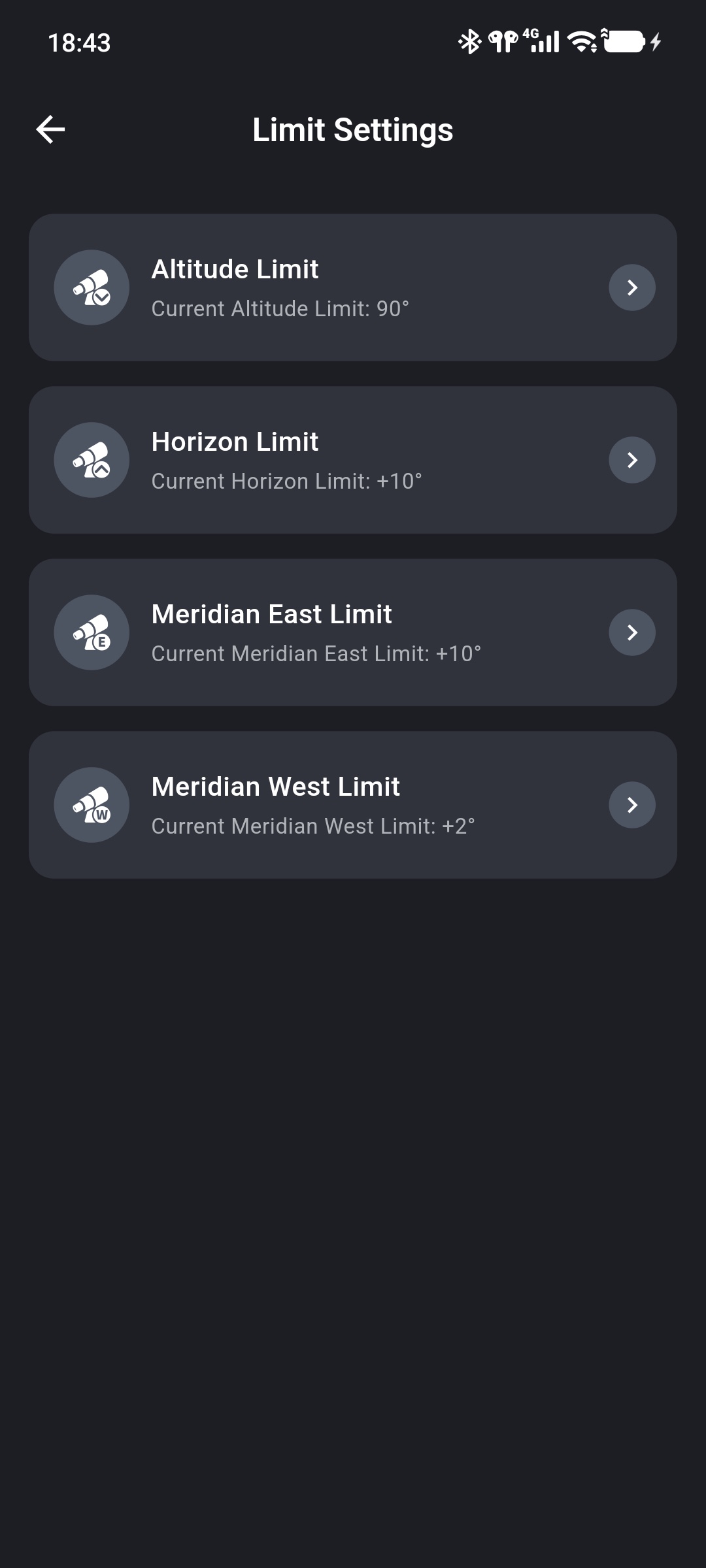 Altitude, horizon, and meridian limit settings