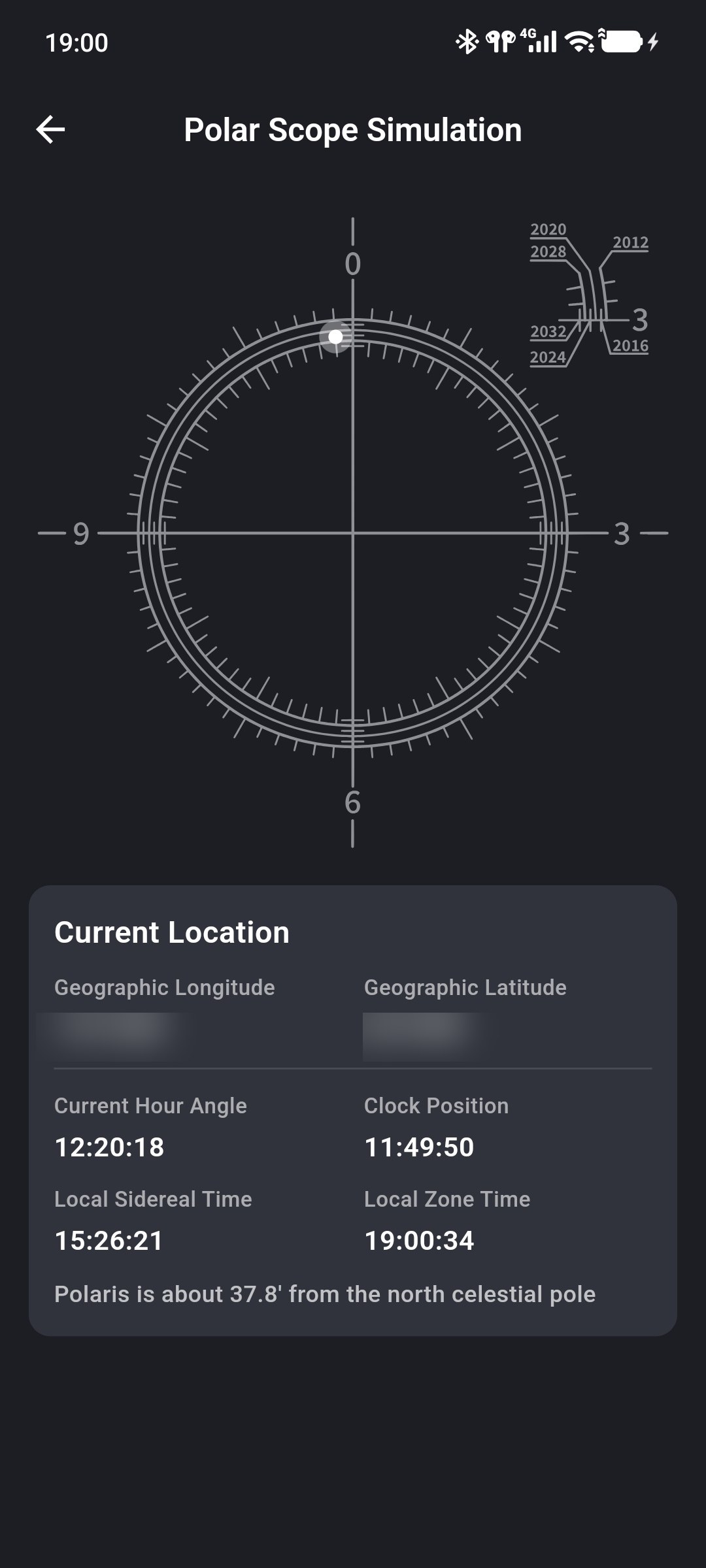 Polar Scope Simulation with Polaris position and hour-angle information