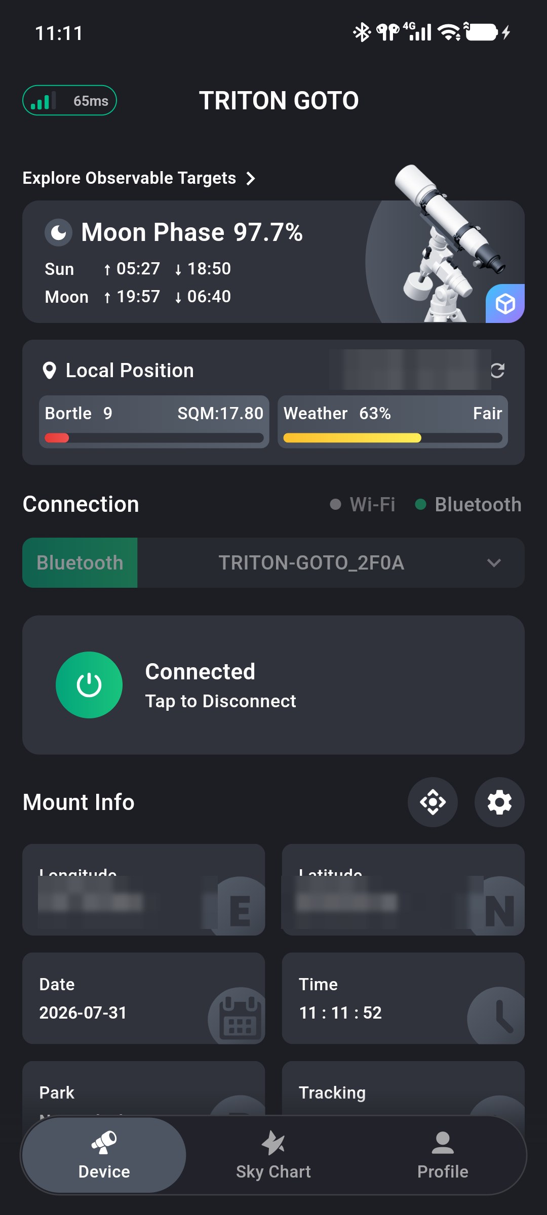 Bluetooth connected successfully with the Connected status displayed