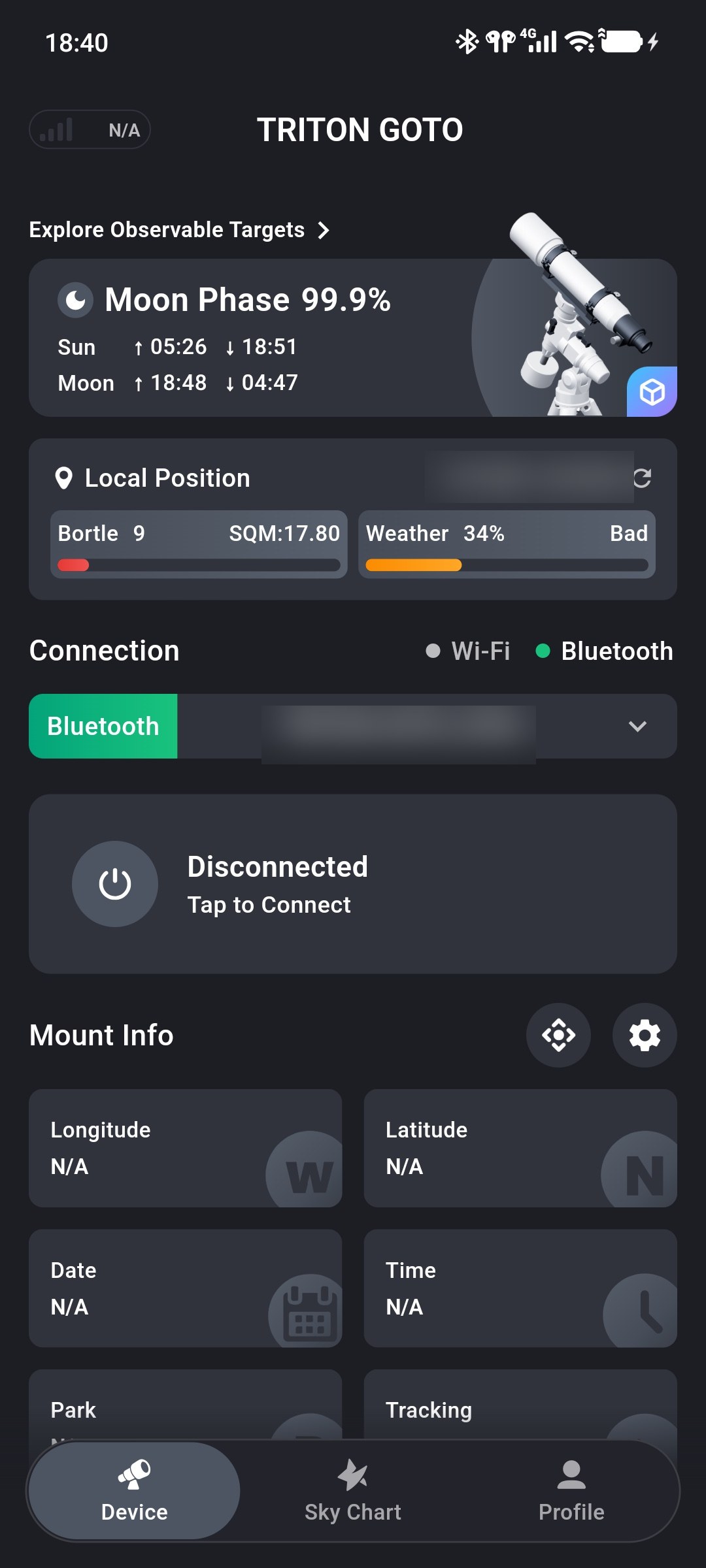 Selecting Bluetooth in the Connection section