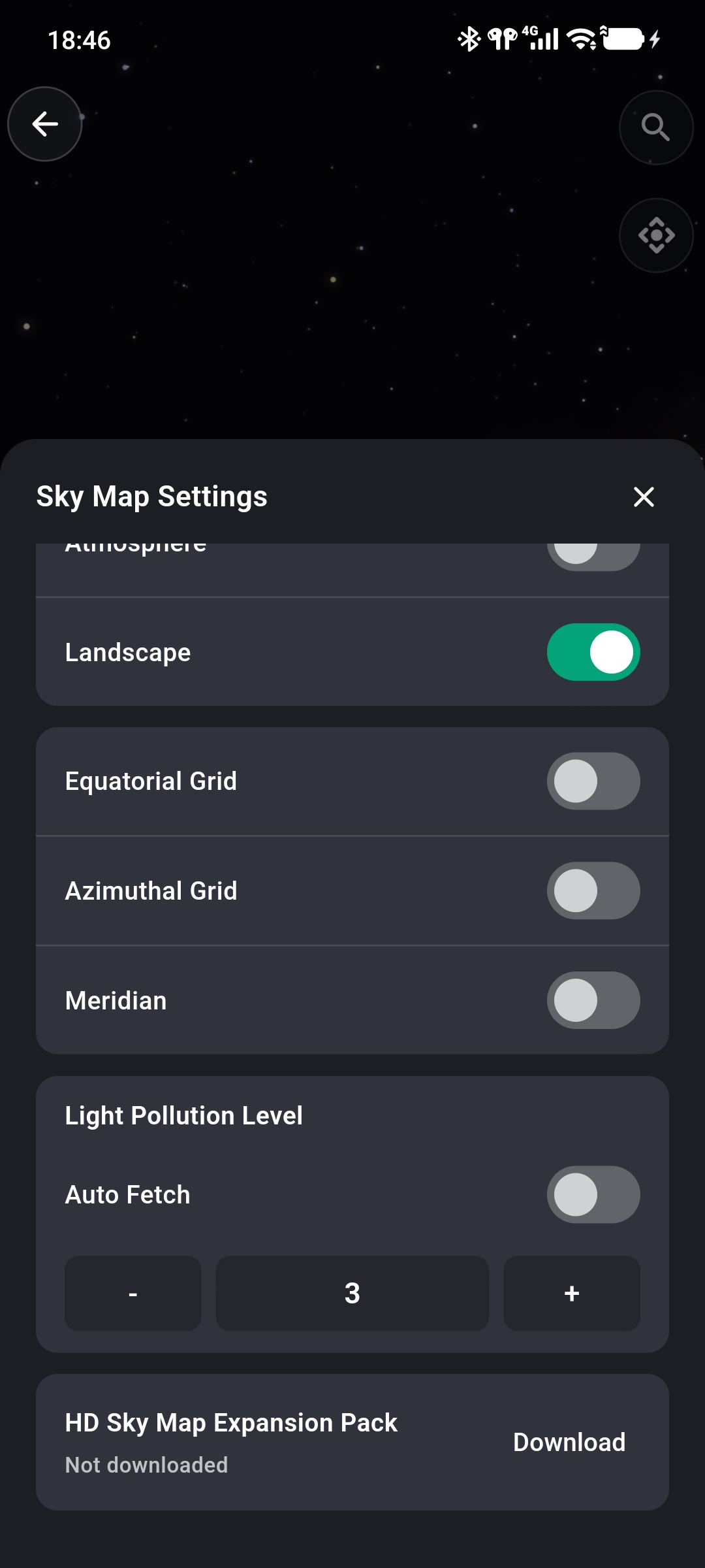 Manually adjusting light pollution and downloading the HD expansion pack