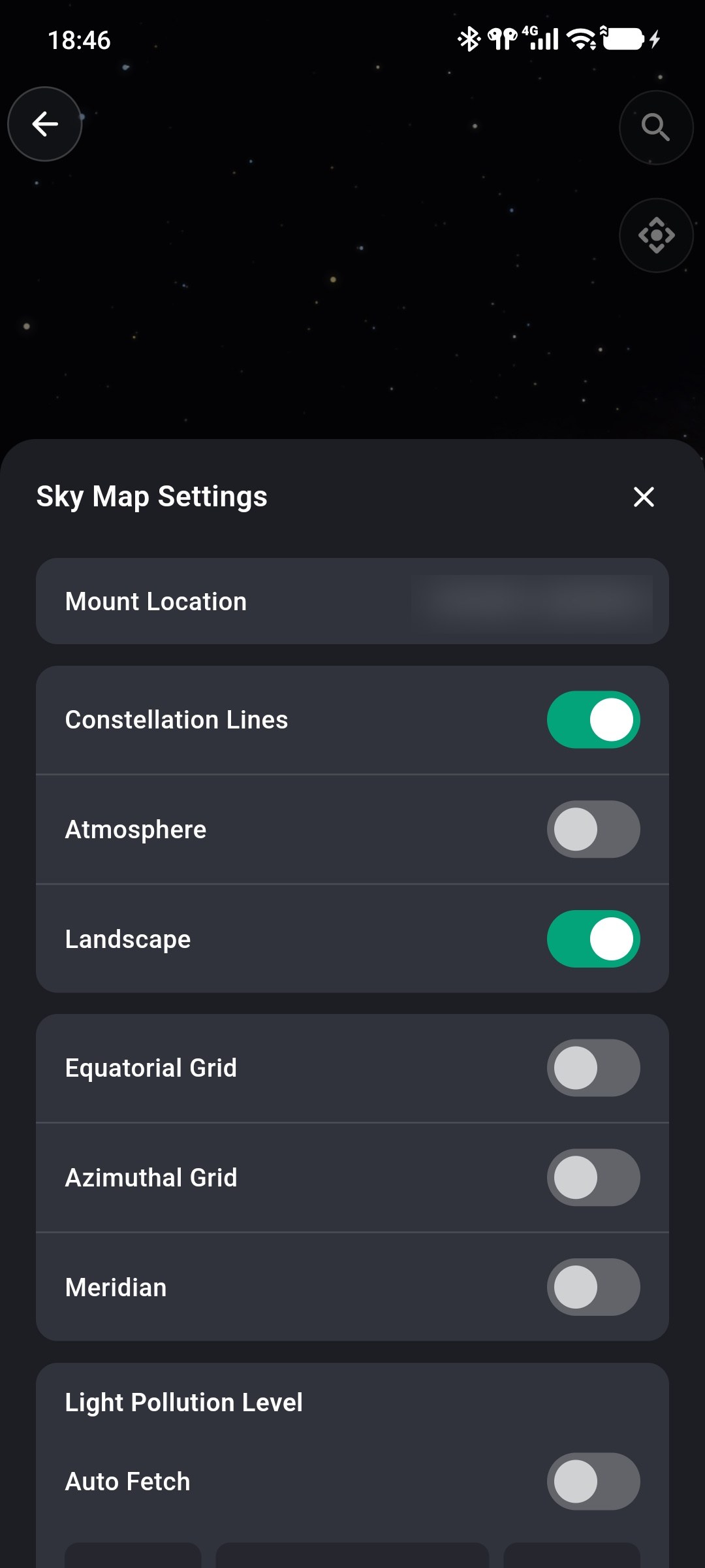Location, sky effects, and coordinate grids in Sky Map Settings