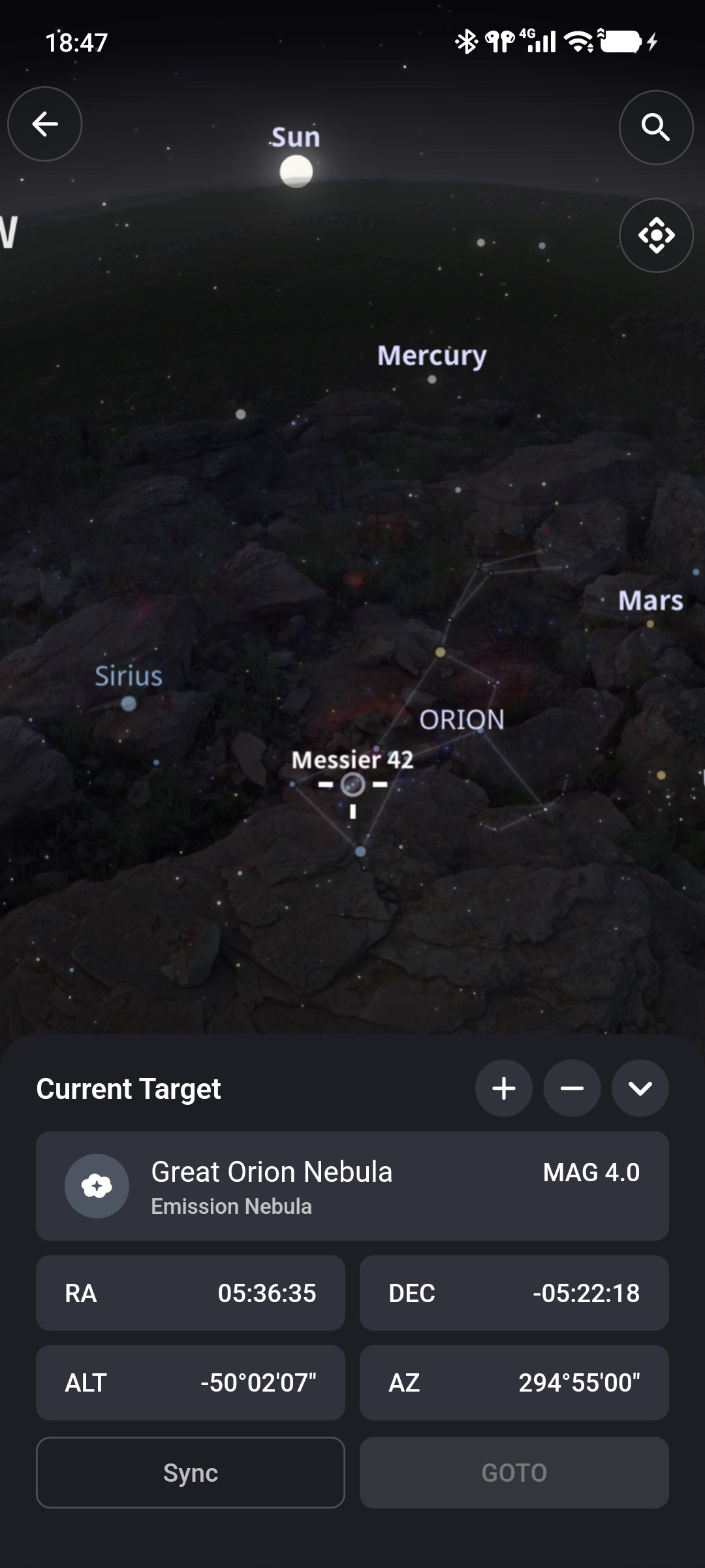 Current Target information and GOTO for the Orion Nebula