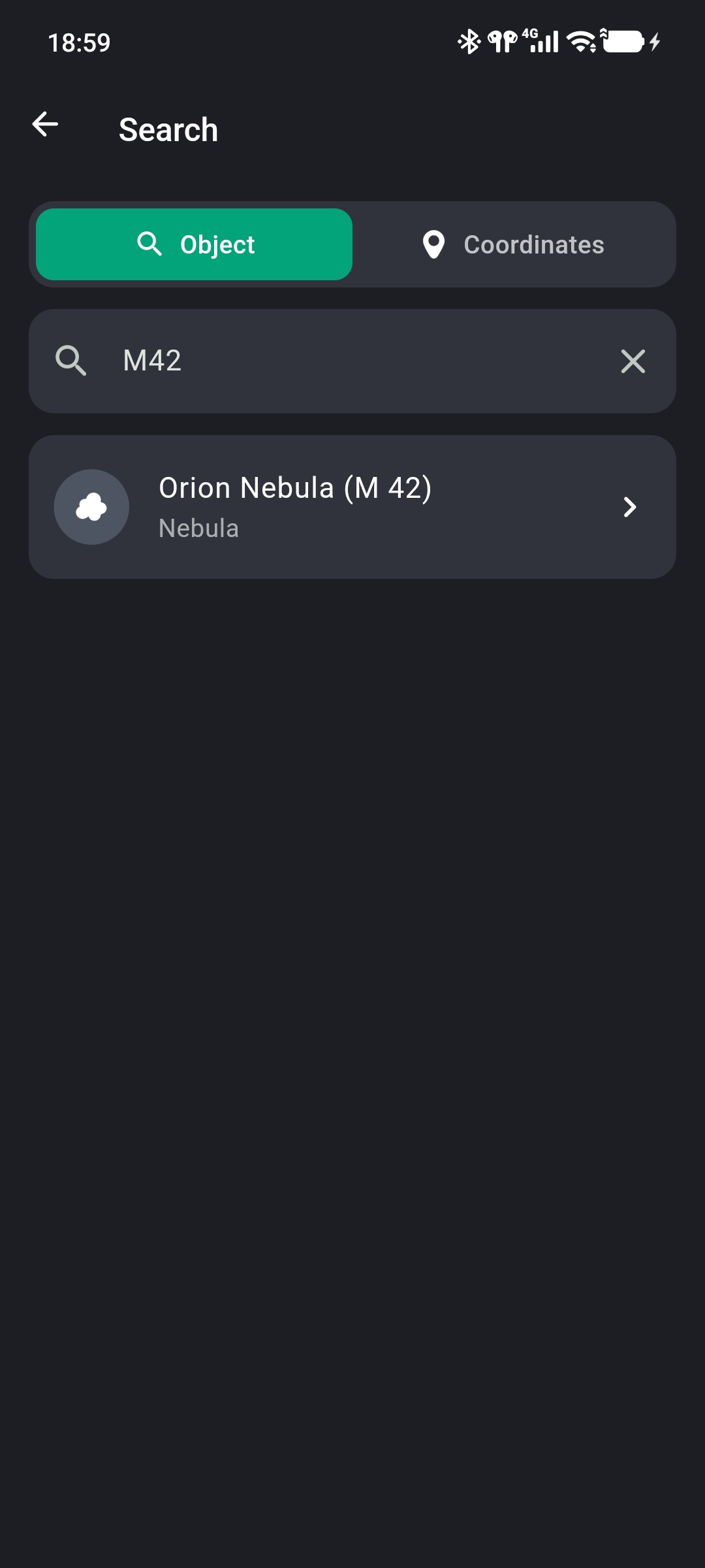 Searching M42 and displaying the Orion Nebula result